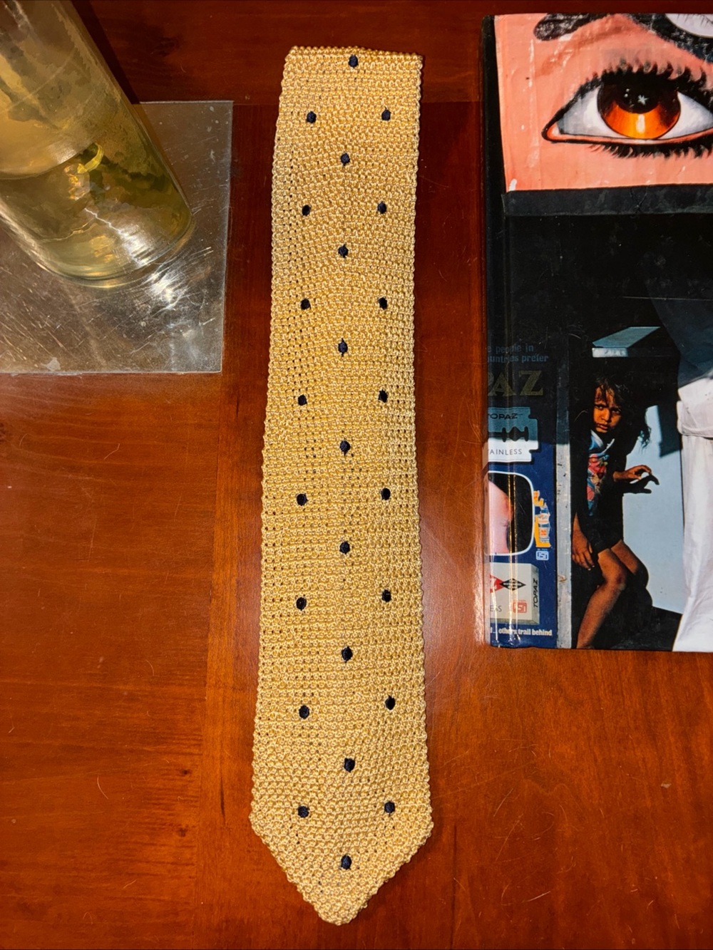 Breuer Yellow Knit Blue Dots Tie Italy Vintage